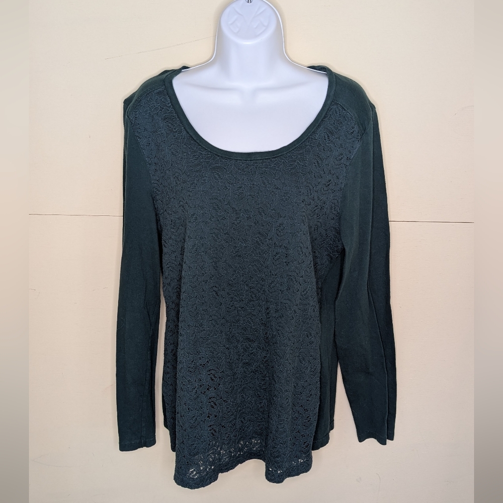 Eddie Bauer Women's Lace Detail Long Sleeve Top Dark Green